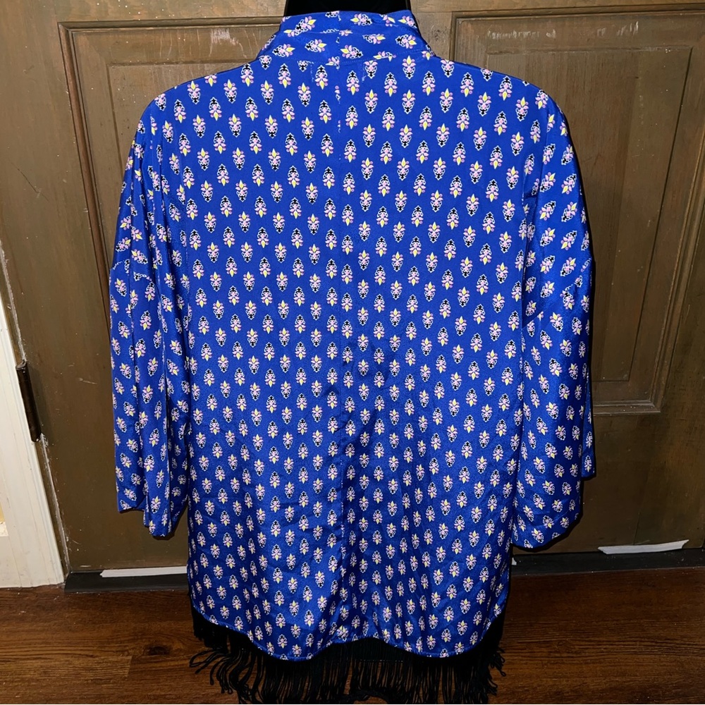 Olsenboye Blue Boho Open Front Black Fringe Y2K Hippie Draped Cardigan Size XS - Picture 7 of 10